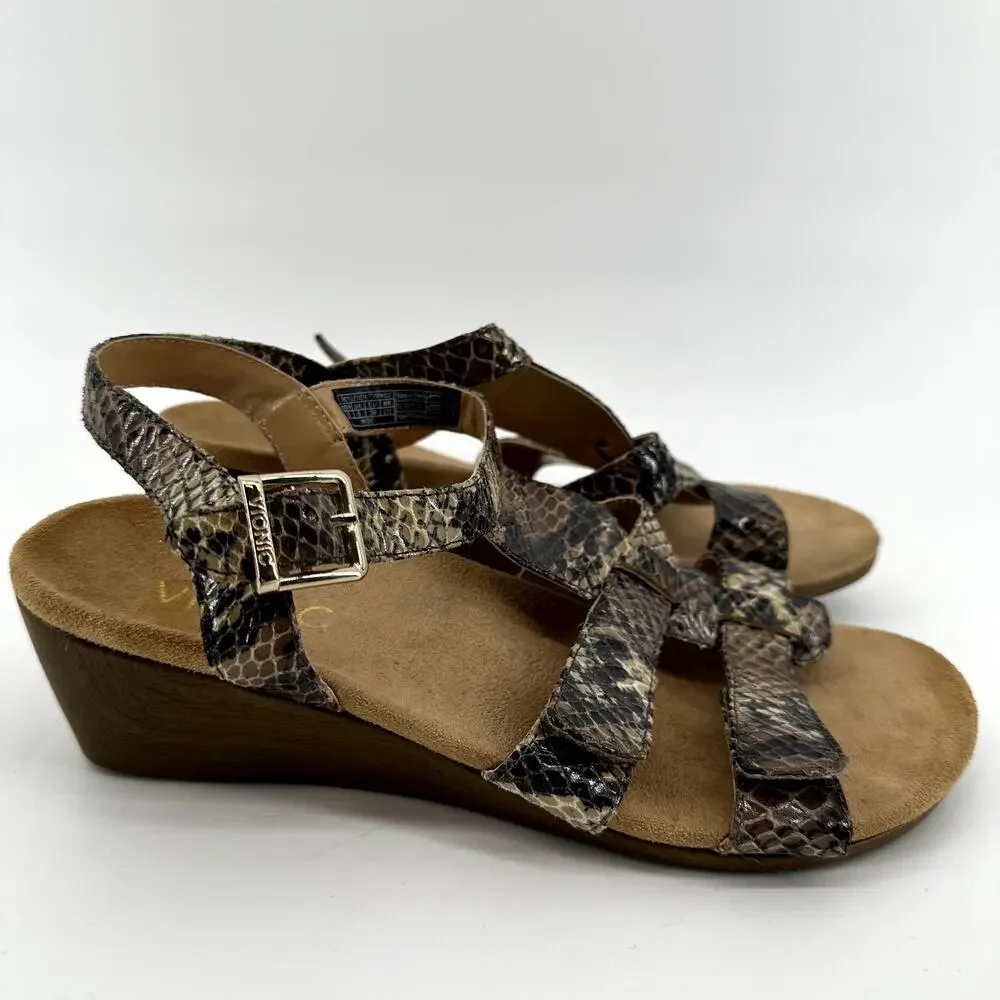Vionic Glenda Orthaheel Sandals Snakeskin Strappy Wedge Leather Brown Black US 8